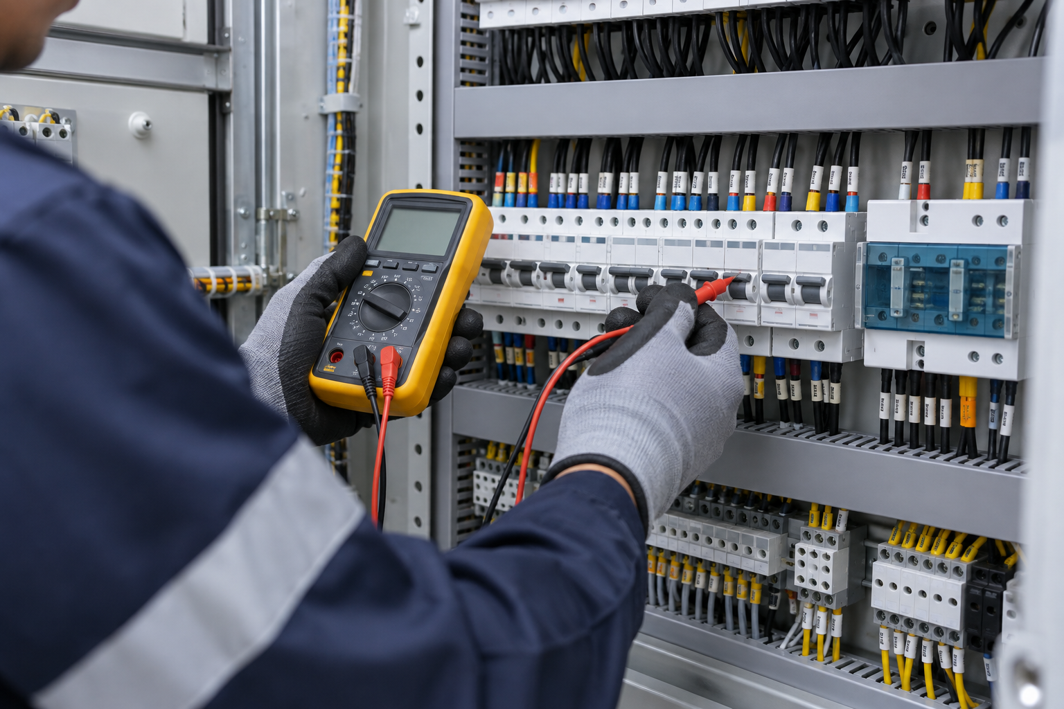 Electrical engineer testing a distribution board with a digital meter